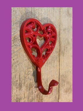 RED Heart Cast Iron Wall Hook 7" tall by 4 3/4" wide 0503 Red